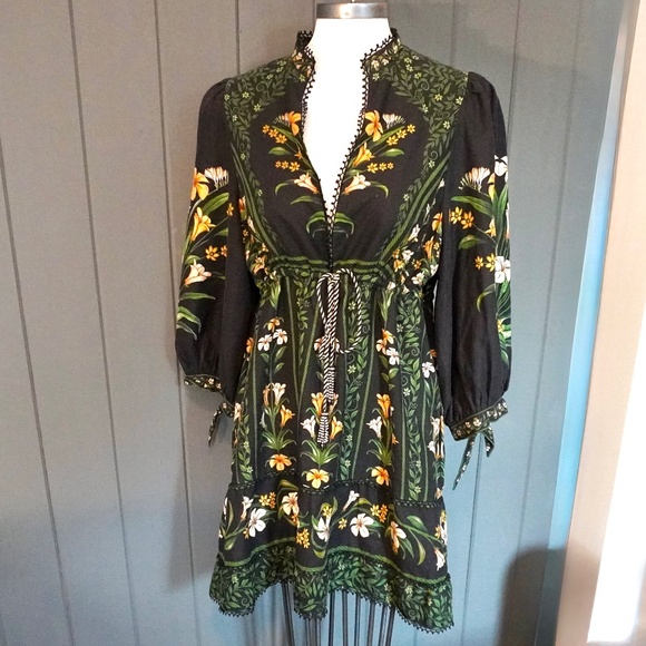 FARM RIO Dress Linen Black FLOWERS ARCH FLORAL MINI SZ Lg Short Boho Cinch Waist - Picture 1 of 13